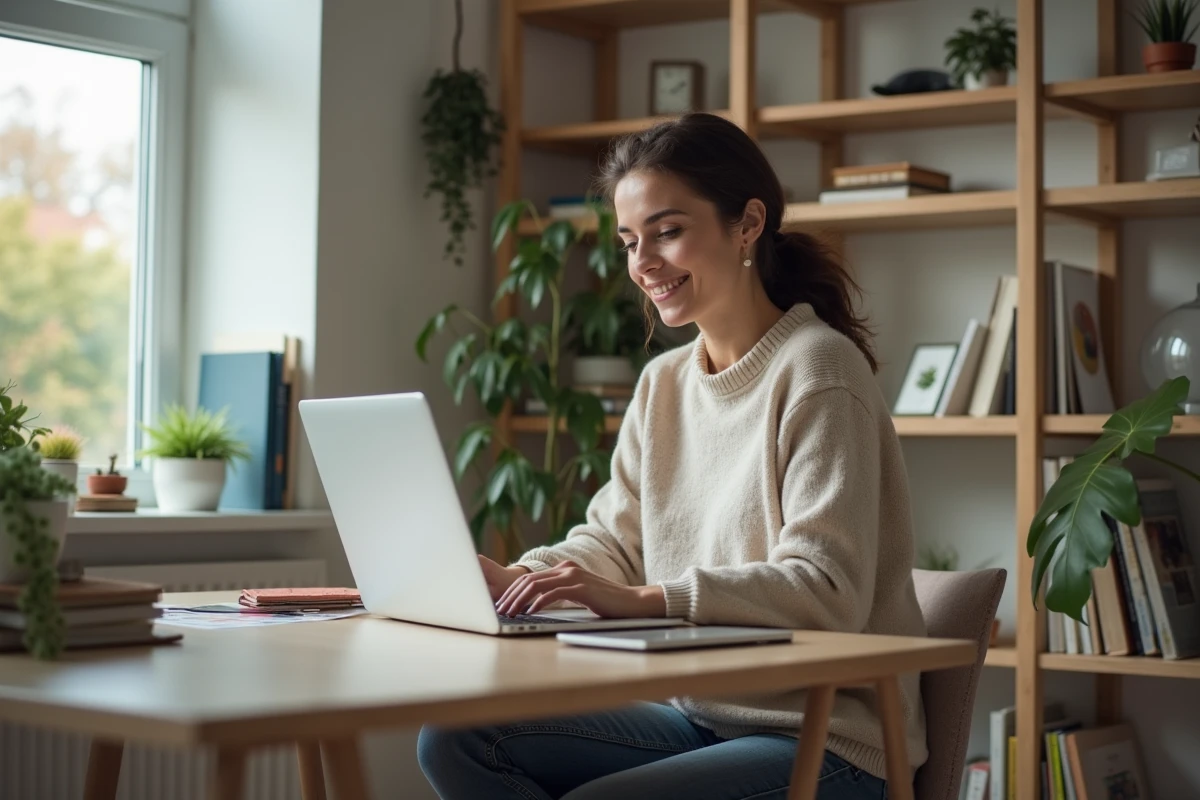 Femme assise à son bureau à domicile en train de naviguer sur un site d'emploi