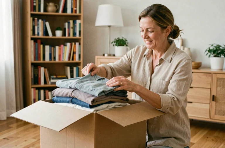 Femme qui trie et plie des vêtements usagés pour les déposer dans un carton de don à domicile