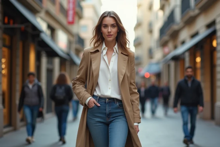 Femme confiante en trench beige dans une rue urbaine