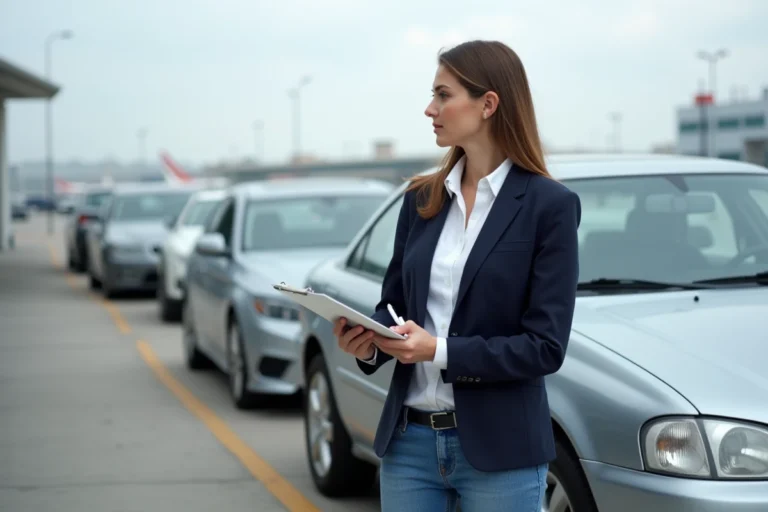 Jeune femme professionnelle près d'une voiture de location à l'aéroport