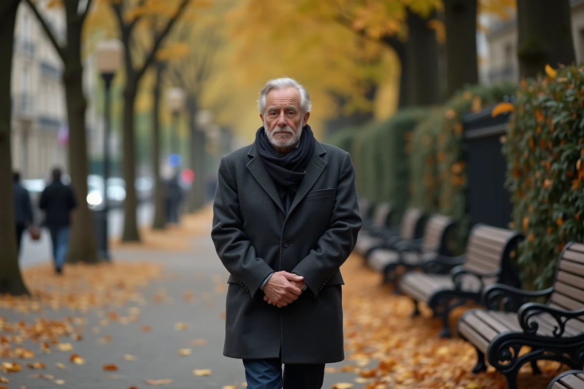 Homme public âgé marchant seul dans une avenue parisienne en automne, évoquant la solitude et le parcours face à la maladie