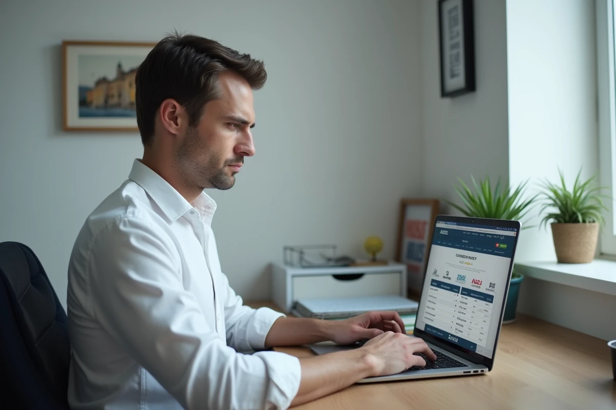 Un homme consulte le site France Pari avec le badge de certification ANJ visible dans un petit bureau