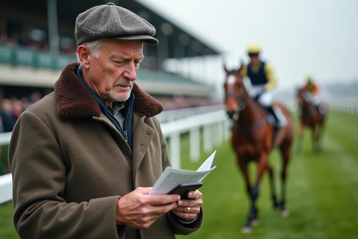 Un passionné de courses hippiques consulte le site Genybet depuis son smartphone au bord d'un paddock