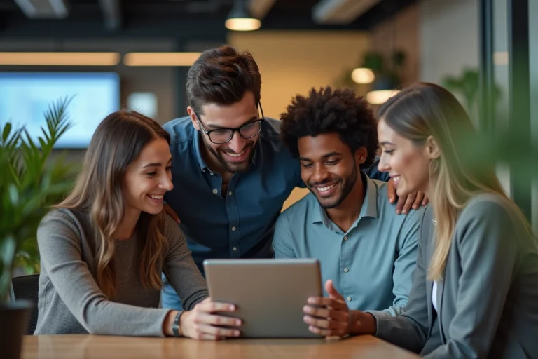 Groupe de jeunes professionnels discutant avec une tablette dans un bureau moderne