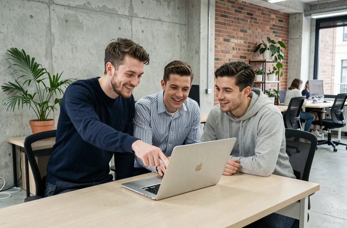 Groupe de jeunes professionnels français discutant d'un nouveau réseau social sur un ordinateur portable dans un espace de coworking