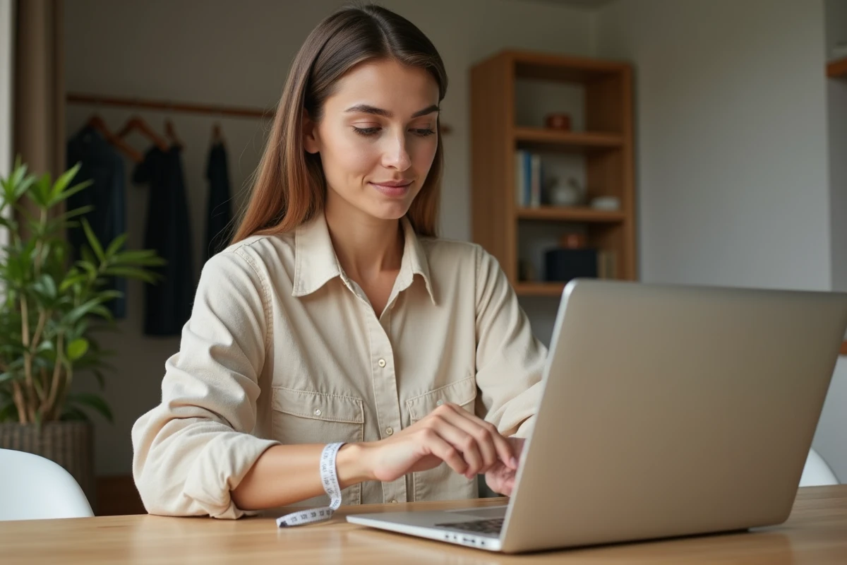 Femme consultant le guide des tailles Zara sur un ordinateur portable à la maison avec un mètre ruban