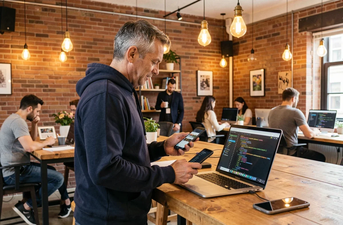 Homme consultant les actualités web et innovations technologiques sur smartphone dans un espace de coworking