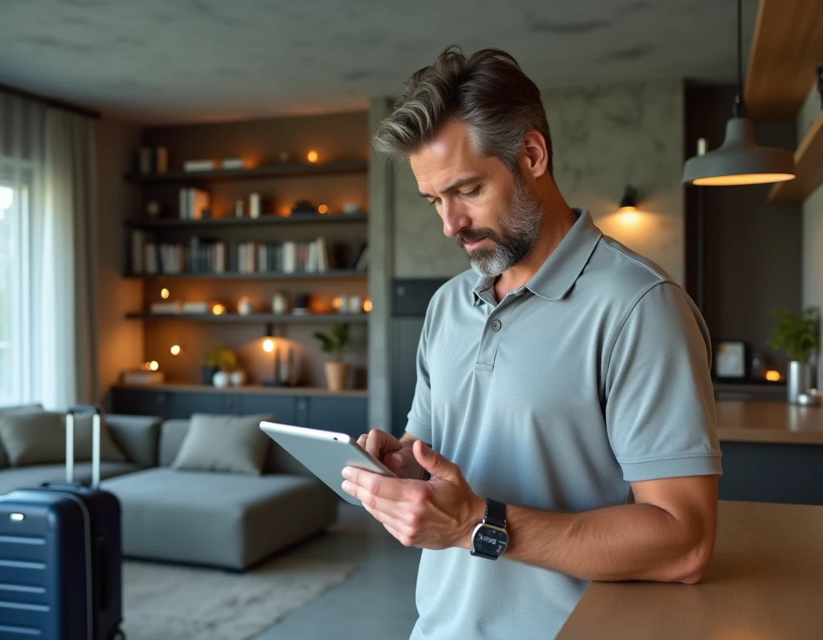 Homme consultant son attestation d'assurance vacances sur tablette avant un départ en villégiature