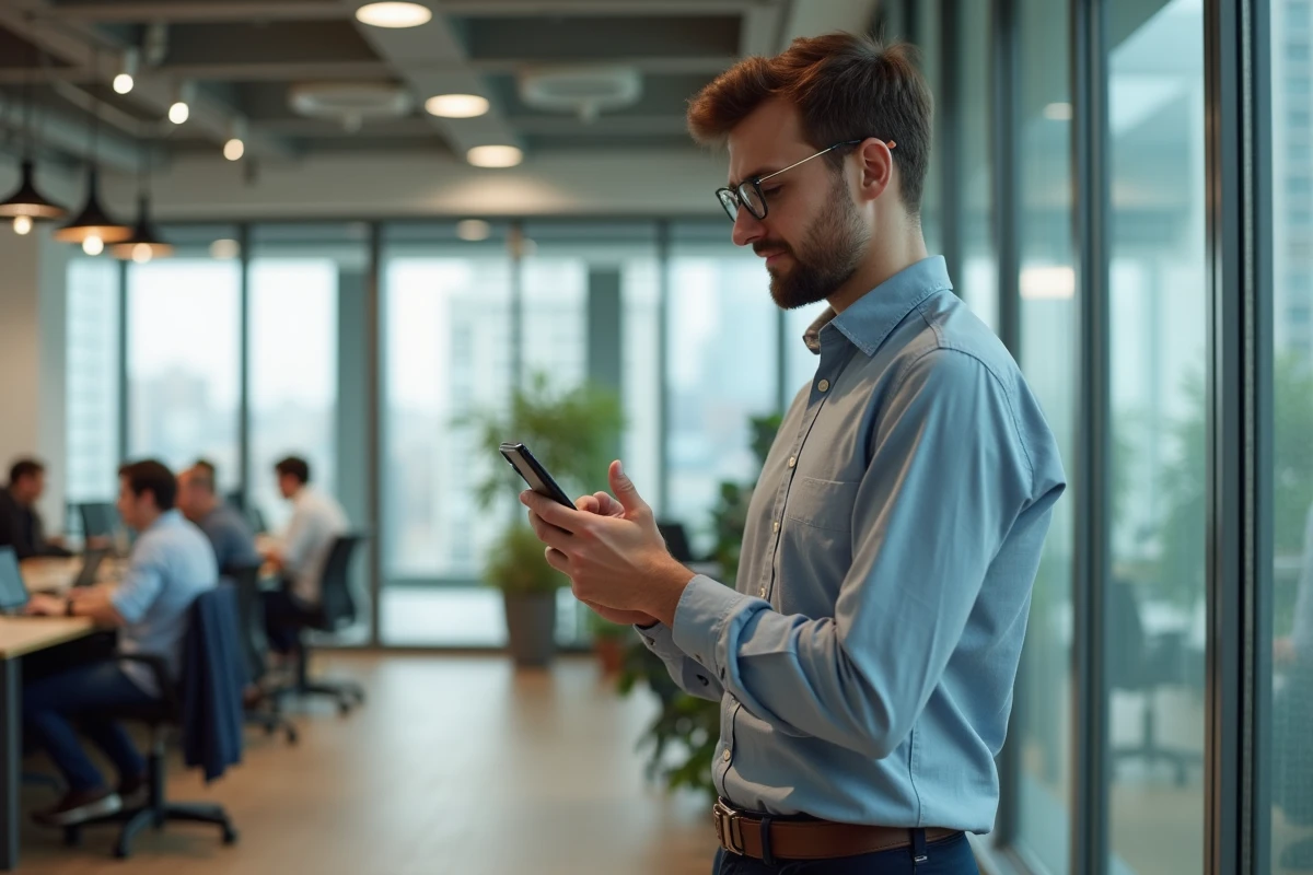 Homme debout dans un espace de coworking utilisant une application d