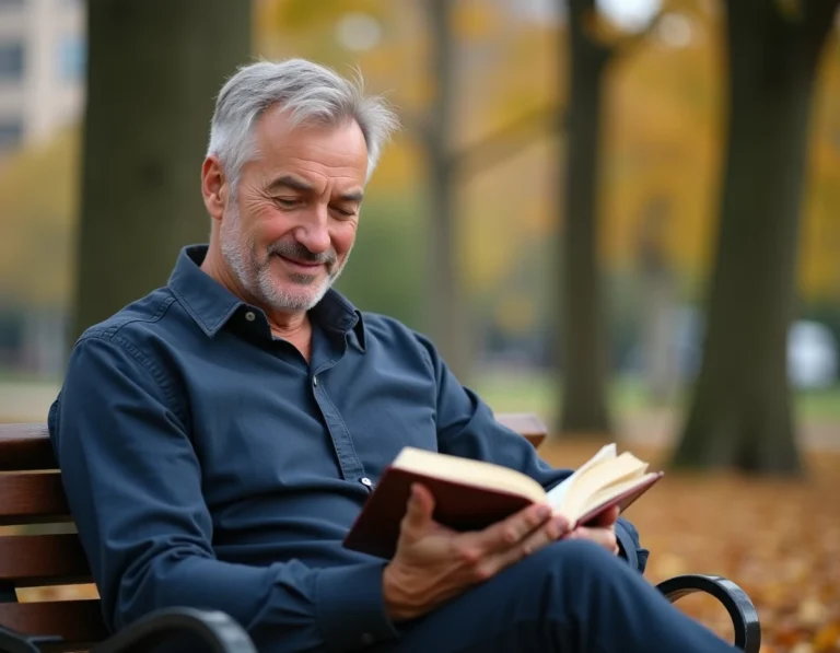 Homme discret assis dans un parc en automne lisant un livre, évoquant la vie privée et la paternité