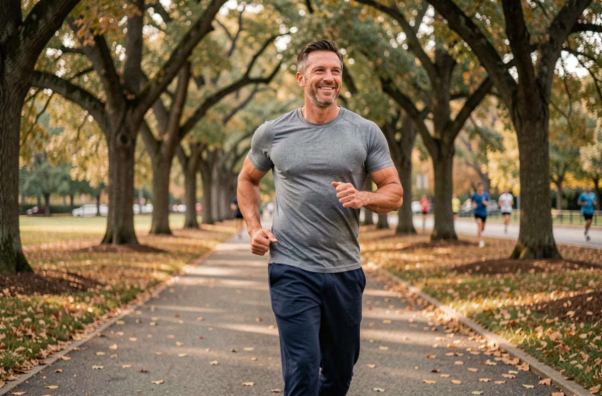 Homme faisant du jogging dans un parc urbain pour améliorer sa santé et son bien-être physique