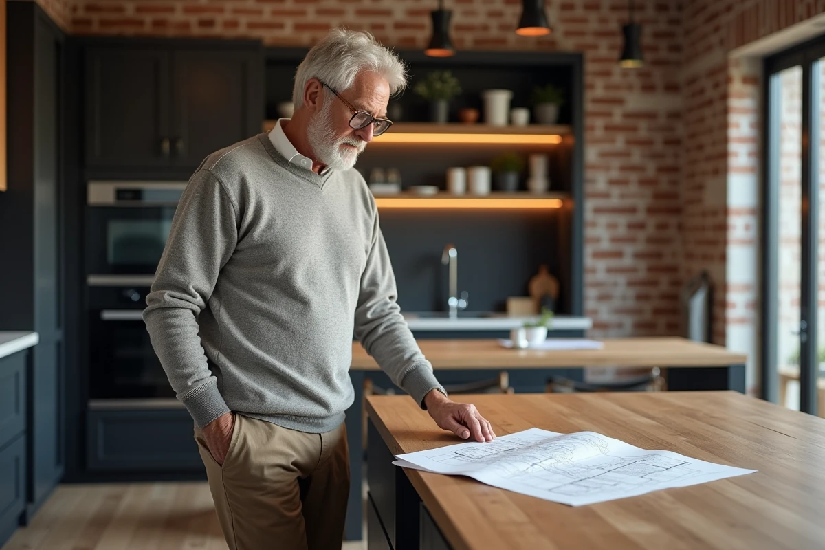 Homme étudiant des plans dans une cuisine contemporaine