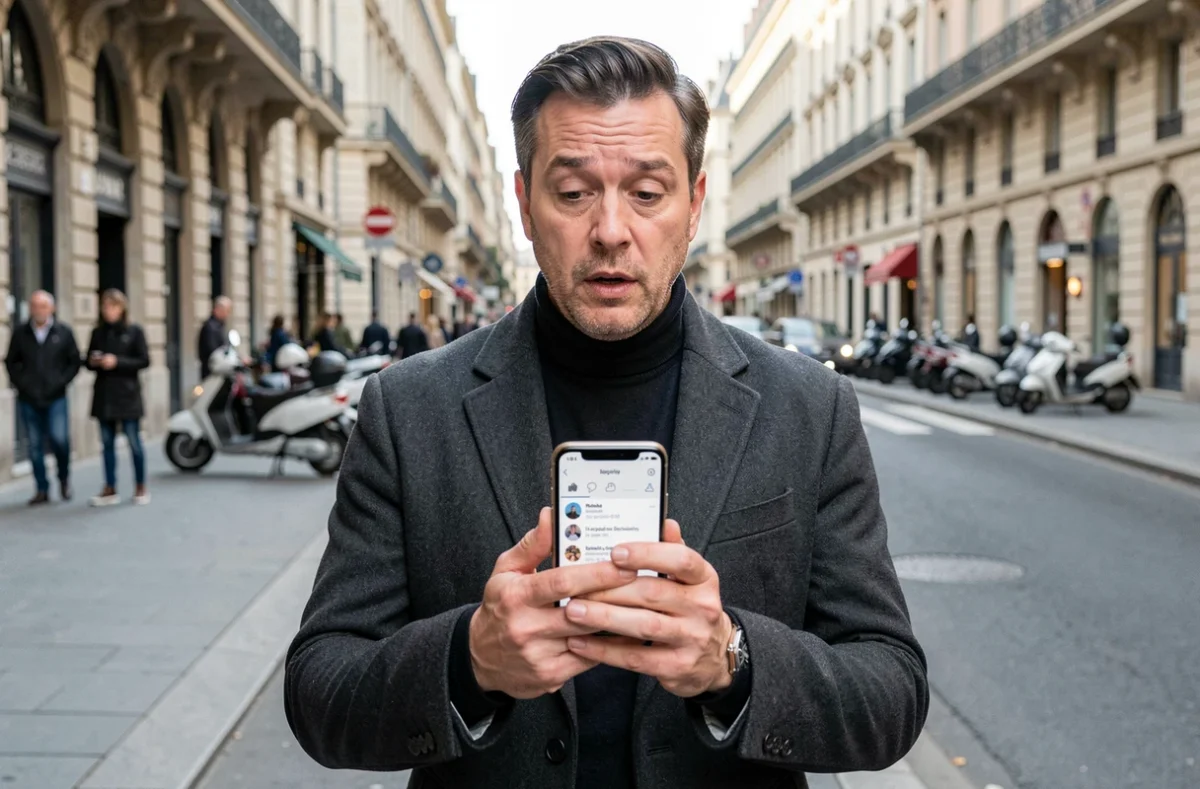 Homme parisien consultant un nouveau réseau social français sur son smartphone dans la rue à Lyon