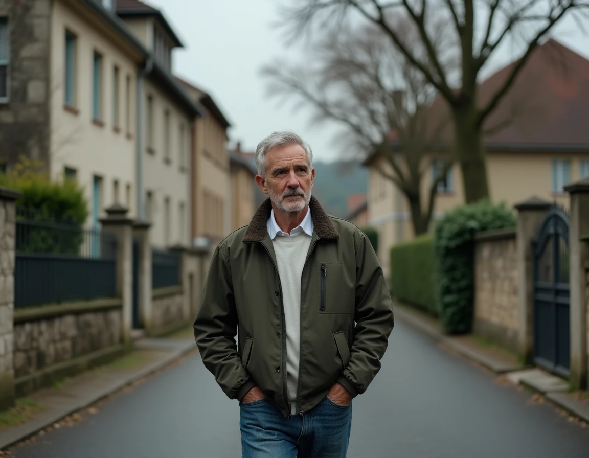Homme marchant seul dans une rue résidentielle française, symbolisant la discrétion et la vie de père