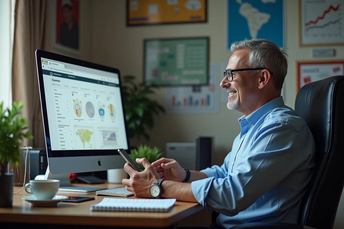 Homme d affaires avec smartphone dans un bureau organisé et posters sportifs