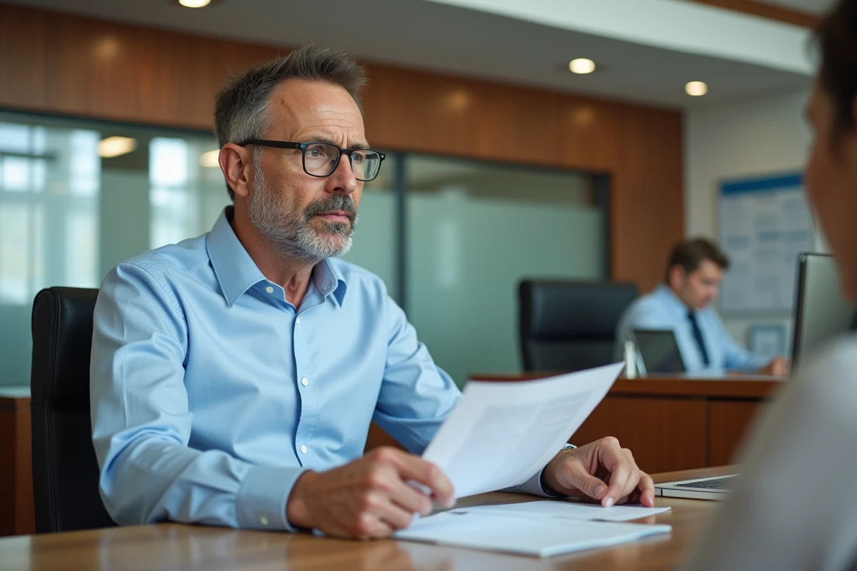 Homme discutant avec une receptionniste dans un bureau administratif