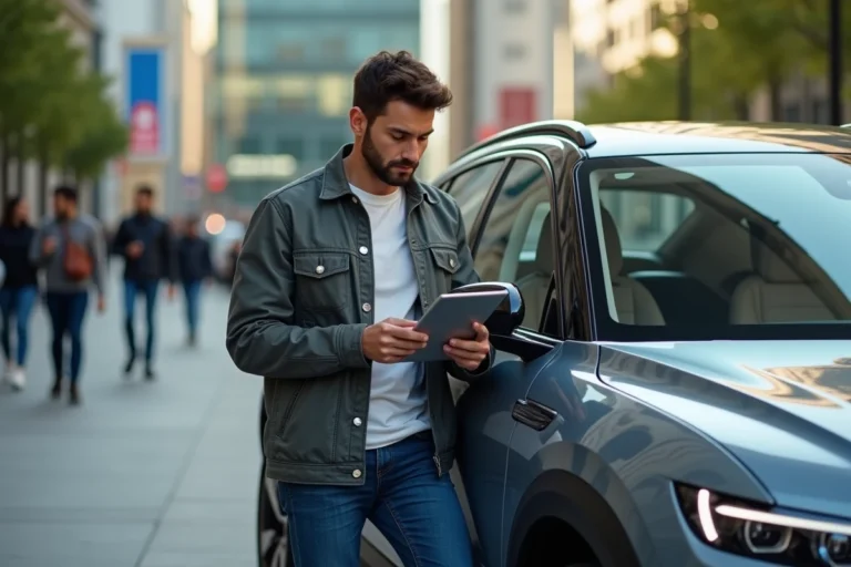 Homme en veste regardant une tablette devant un SUV électrique en ville