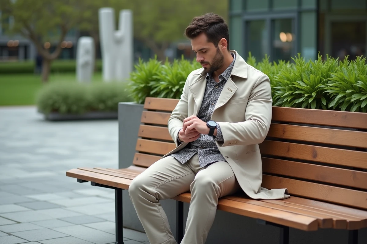 Homme en urban parc avec trench et chemise