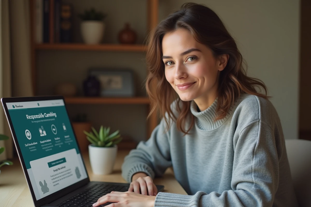 Une femme consulte les outils de jeu responsable et les ressources ANJ sur son ordinateur portable
