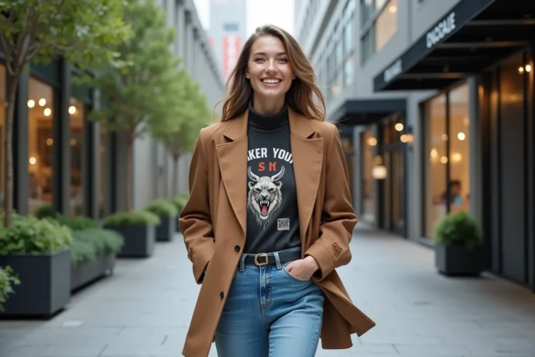 Jeune femme mode en ville avec blazer et jeans