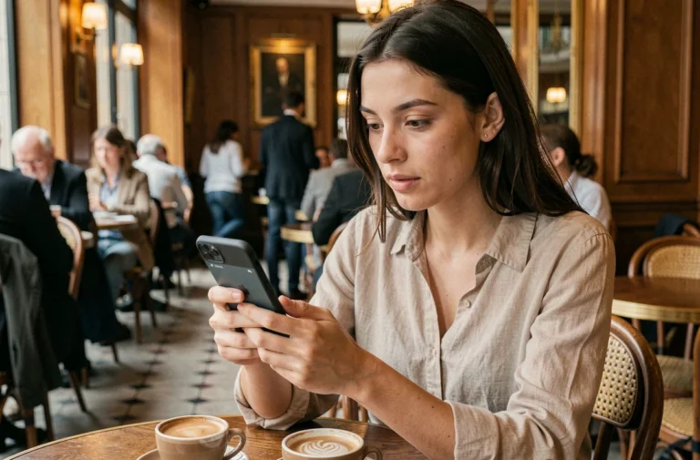 Jeune femme parisienne découvrant un nouveau réseau social sur son smartphone dans un café parisien