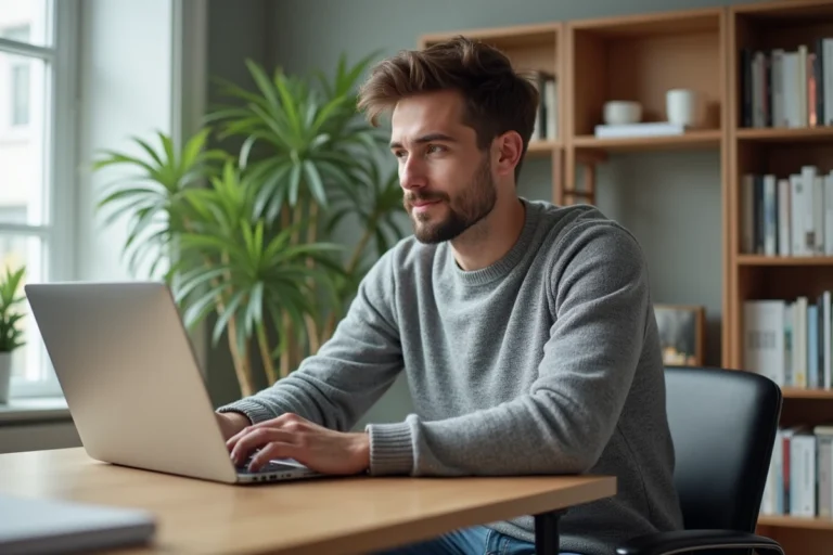 Jeune homme en bureau moderne utilisant un ordinateur portable