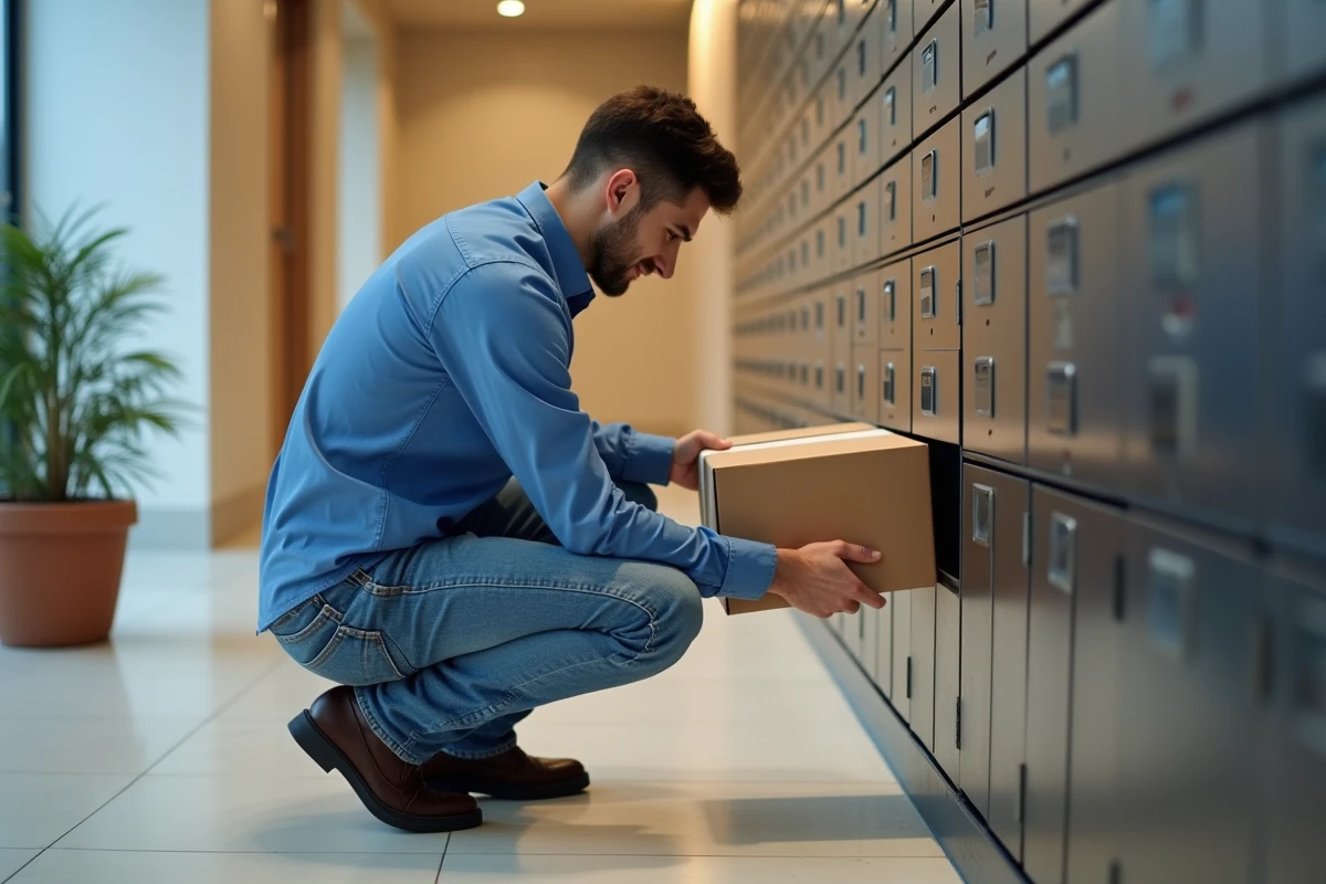 Jeune homme déposant un colis dans une boîte aux lettres intérieure