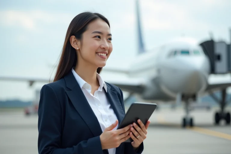 Jeune ingénieure aérospatiale souriante avec tablette à l'aéroport