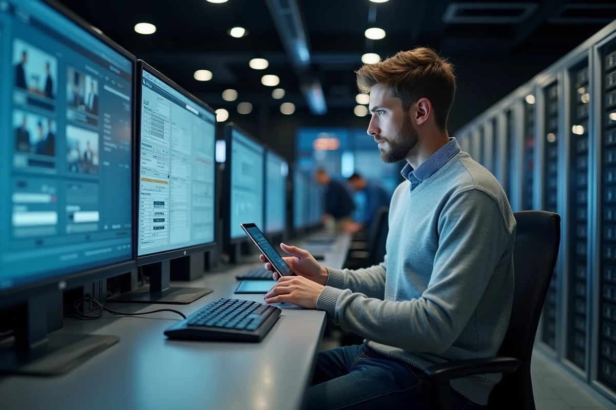 Jeune technicien informatique ajustant un serveur en centre de contrôle