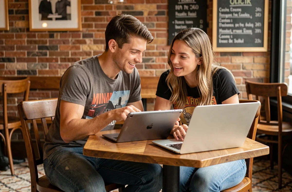 Deux jeunes adultes échangeant des conseils informatiques autour d'une tablette et d'un ordinateur portable dans un café urbain