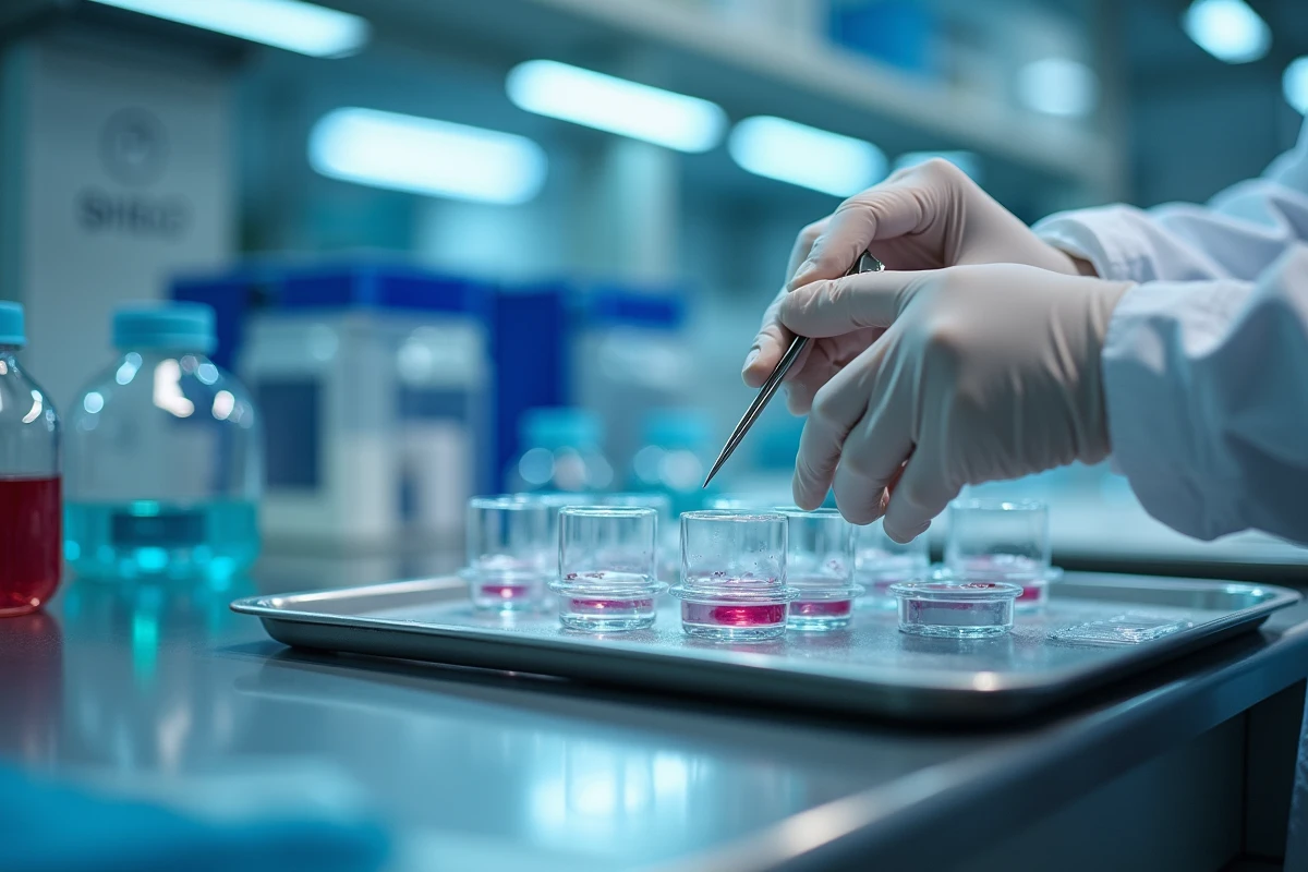 Paillasse de laboratoire suisse avec cultures de cellules souches capillaires et instruments de microchirurgie pour la recherche sur la greffe de cheveux