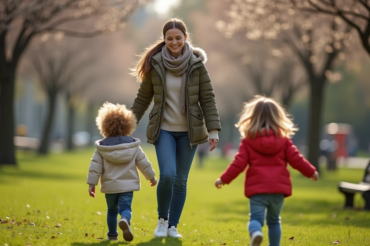 Maman joue avec ses enfants dans un parc au printemps