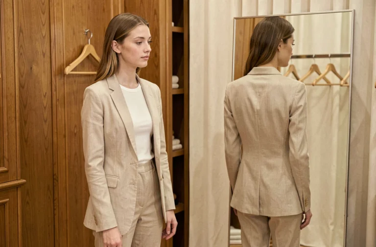 Jeune femme à morphologie gracile essayant un blazer en lin dans une boutique parisienne, reflétée dans un miroir de cabine d'essayage