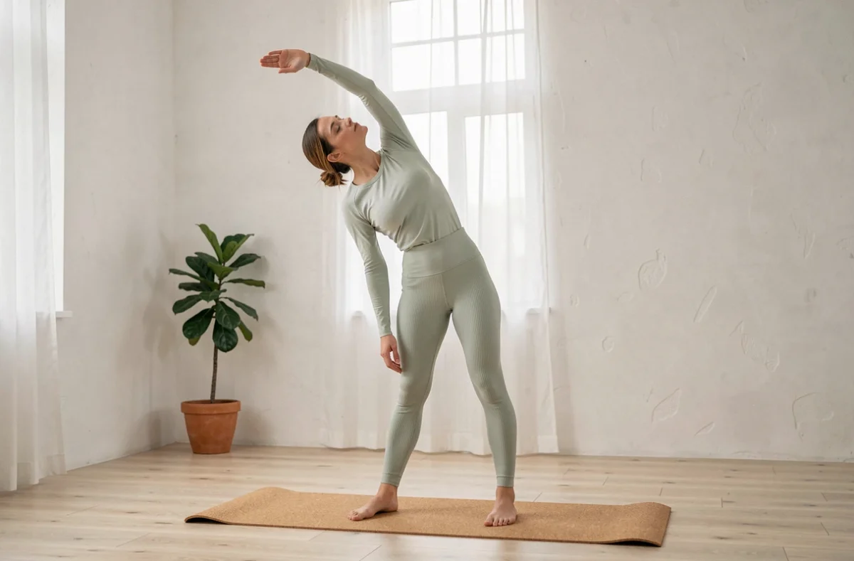 Femme à morphologie gracile pratiquant le yoga dans un studio minimaliste à domicile, en tenue de sport ajustée vert sauge