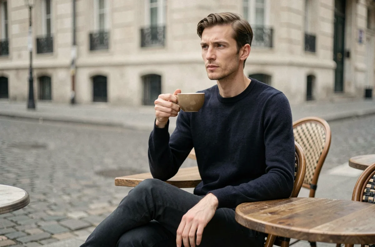 Homme mince à morphologie gracile assis en terrasse de café parisien, portant un pull merino ajusté et un chino slim