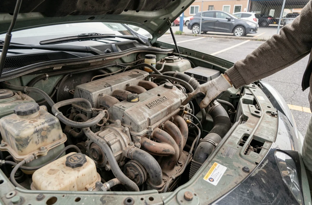 Moteur Renault ouvert avec inspection manuelle d'un capteur défaillant lié à un code défaut DTC253F29
