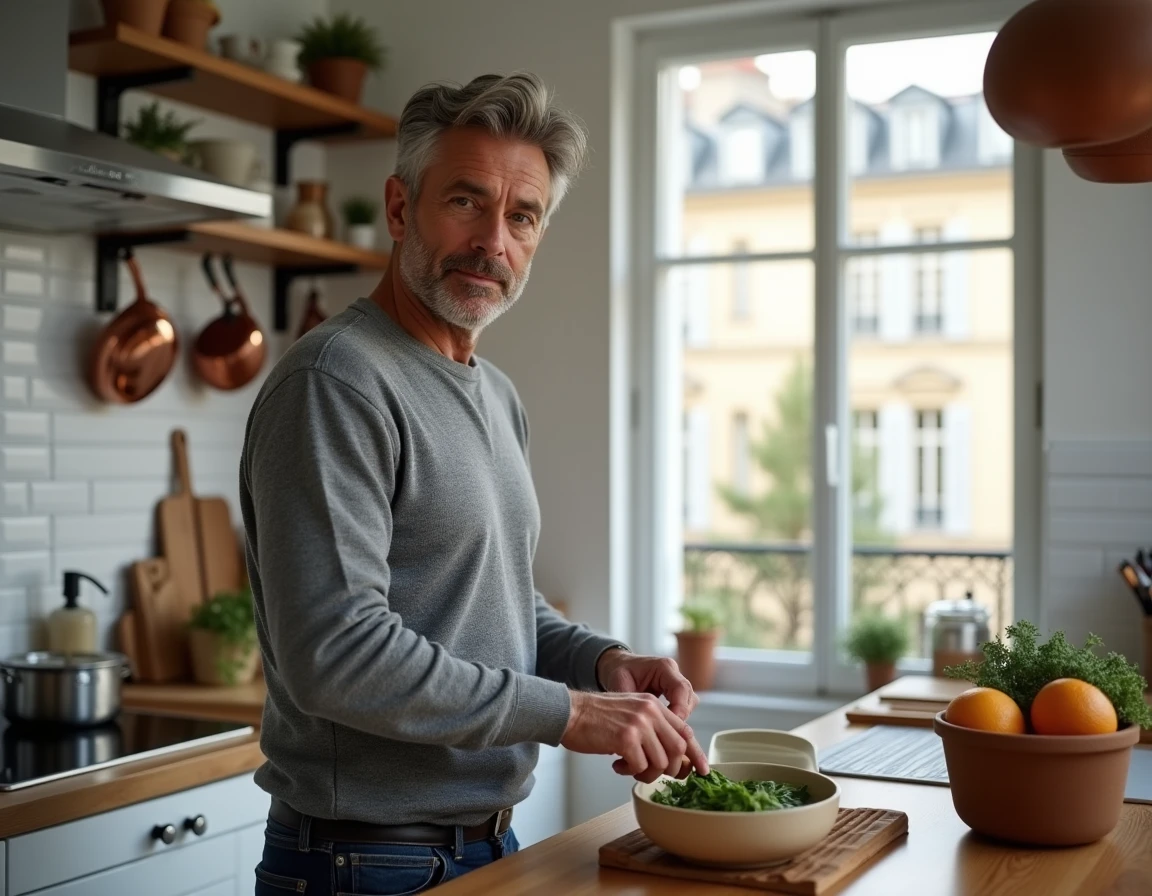 Père discret préparant un repas dans une cuisine parisienne, illustration de la vie de famille privée