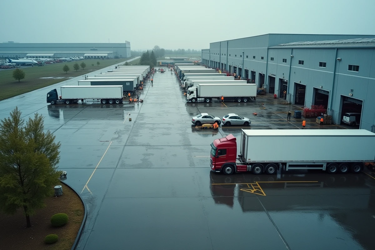 Vue extérieure aérienne d'une plateforme logistique avec quais de chargement, camions et agents en gilets de sécurité coordonnant les flux de marchandises