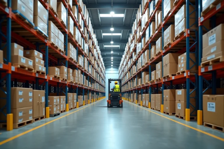 Vue intérieure d'une grande plateforme logistique moderne avec des rayonnages métalliques, des palettes de marchandises et un cariste au travail