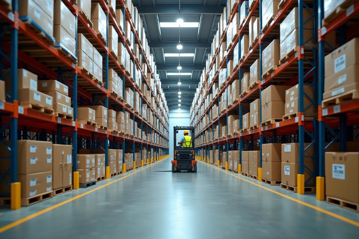 Vue intérieure d'une grande plateforme logistique moderne avec des rayonnages métalliques, des palettes de marchandises et un cariste au travail
