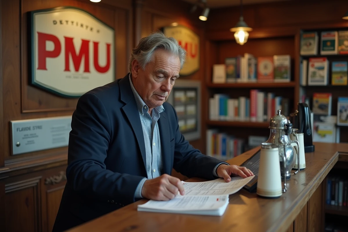 Un homme examine un bulletin de pari hippique et sportif dans un point de vente PMU traditionnel en France