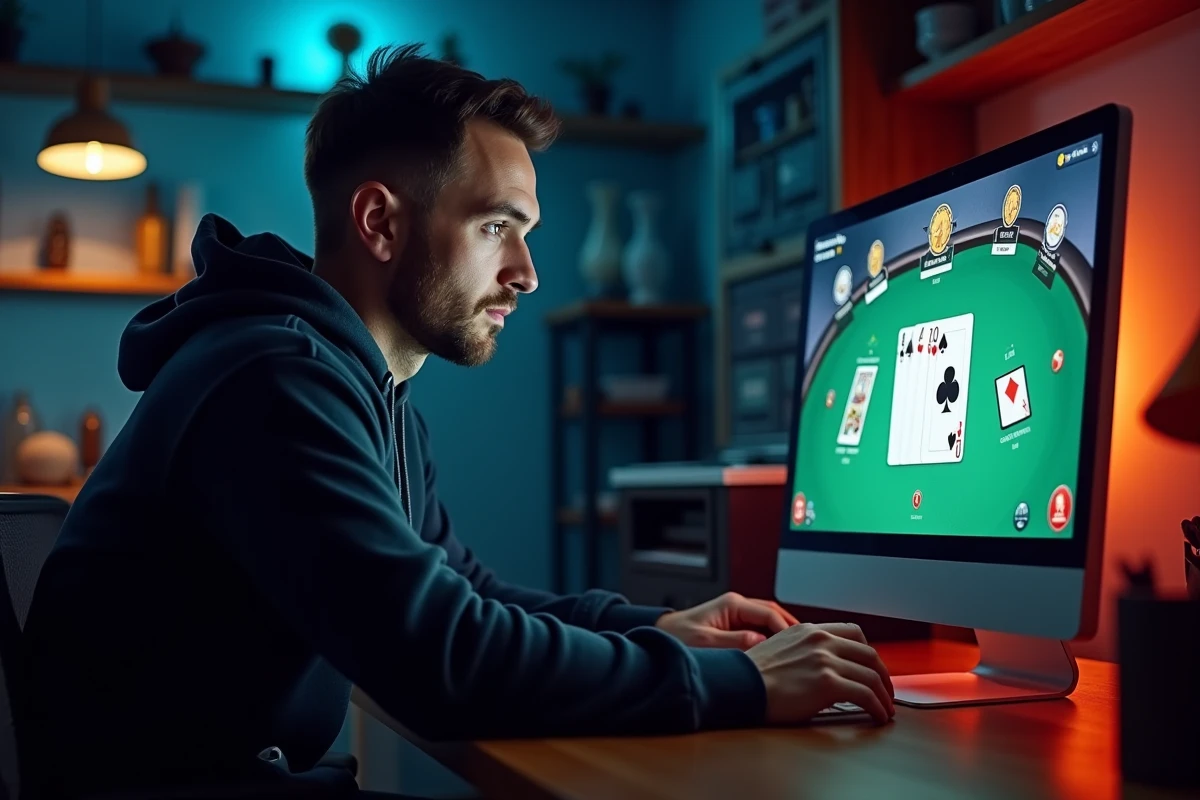 Un homme utilise PokerStars Sports avec une interface combinant poker et paris sportifs sur un seul compte