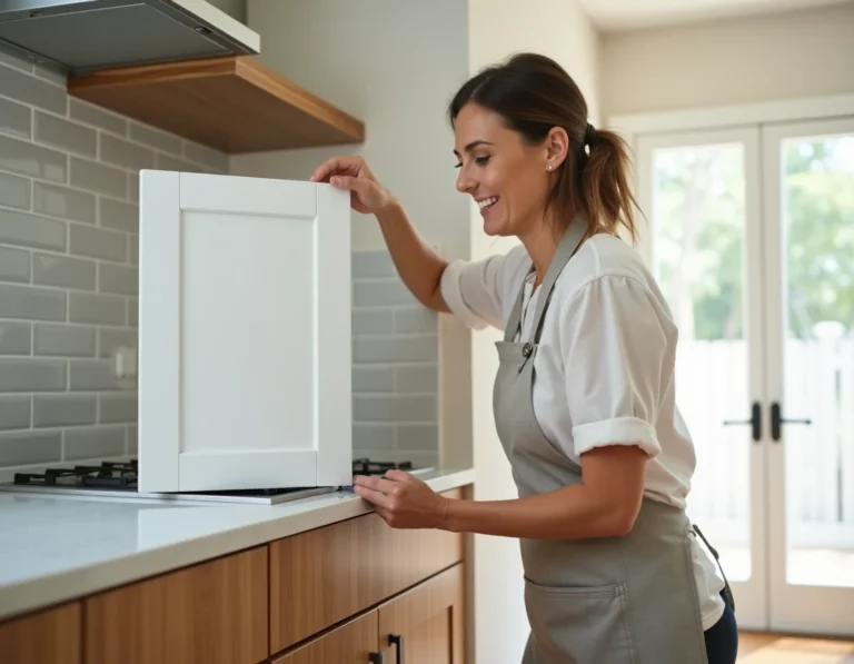 Femme posant une nouvelle porte de cuisine blanche en bois sur un meuble bas lors d'une rénovation à petit budget