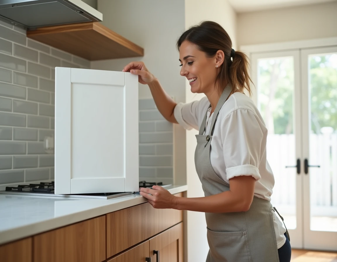 Femme posant une nouvelle porte de cuisine blanche en bois sur un meuble bas lors d'une rénovation à petit budget