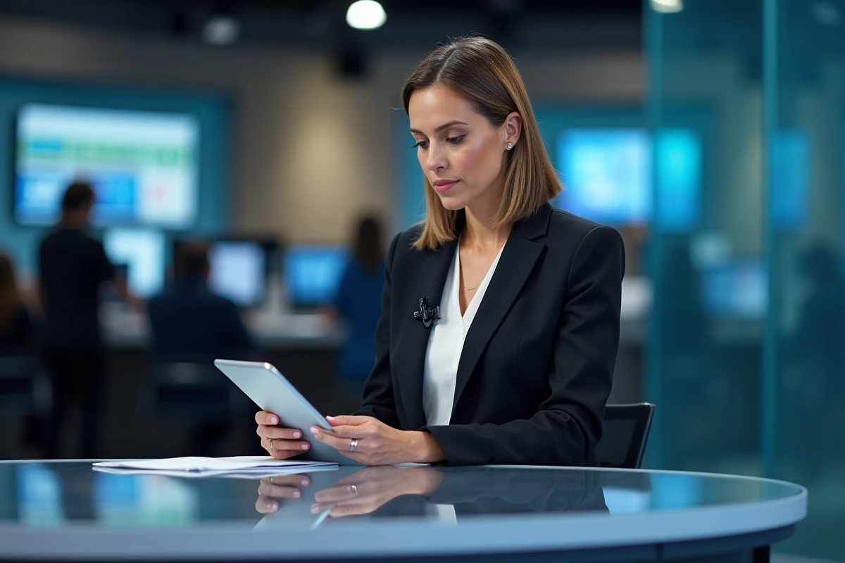 Femme journaliste en studio préparant un segment avec notes et tablette