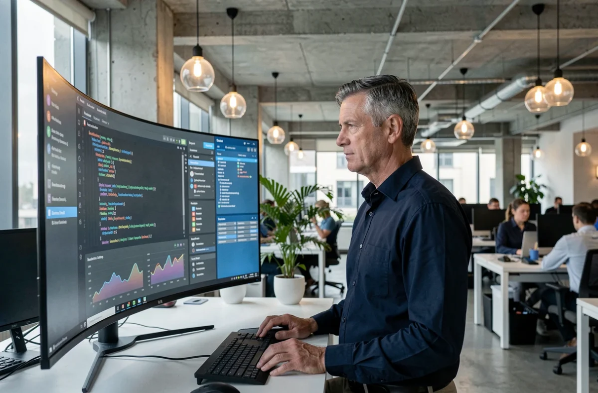Professionnel masculin analysant des données informatiques sur un grand écran dans un open space moderne