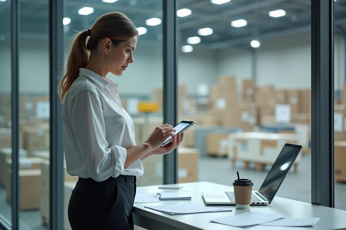 Responsable logistique féminine consultant des données d'inventaire sur tablette dans le bureau de supervision d'une plateforme logistique