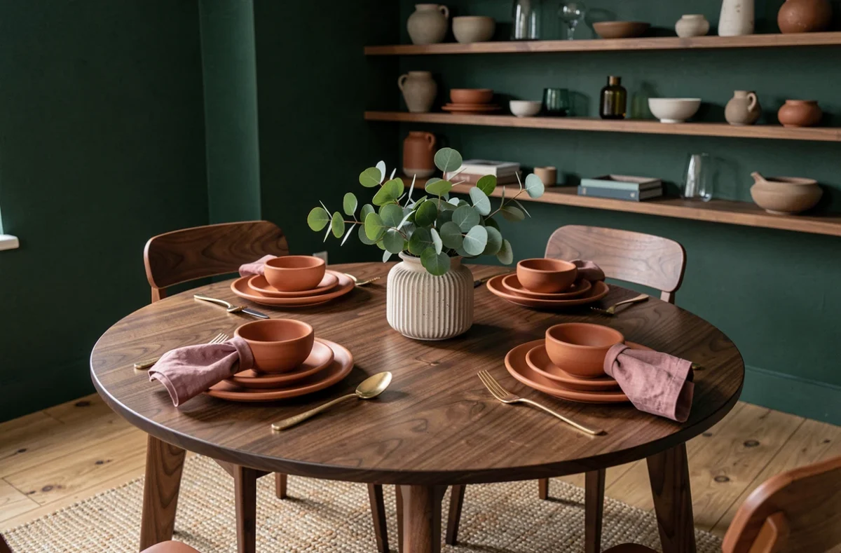 Salle à manger moderne avec table en noyer, vaisselle en terre cuite artisanale et mur vert forêt dans un intérieur tendance