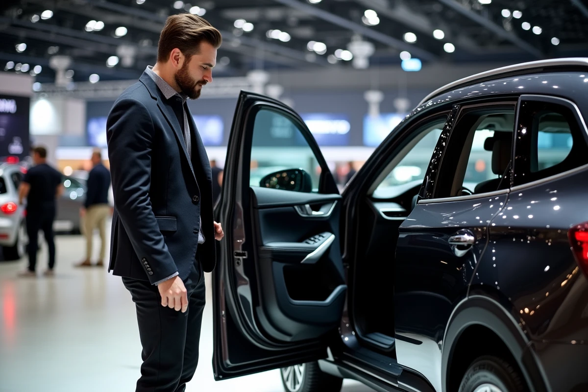 Homme examinant le tableau de bord numérique d'un SUV lors d'un salon automobile moderne