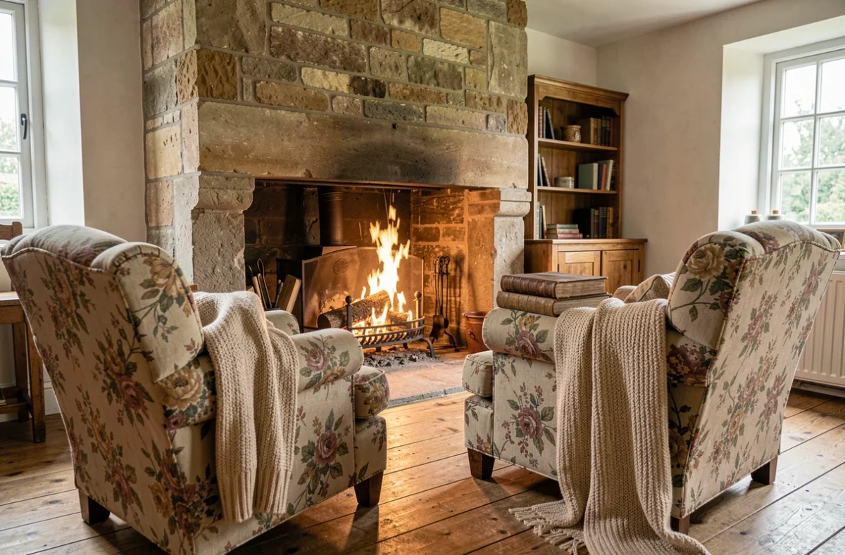 Salon chaleureux d'une maison de campagne avec cheminée en pierre et fauteuils vintage au coin du feu